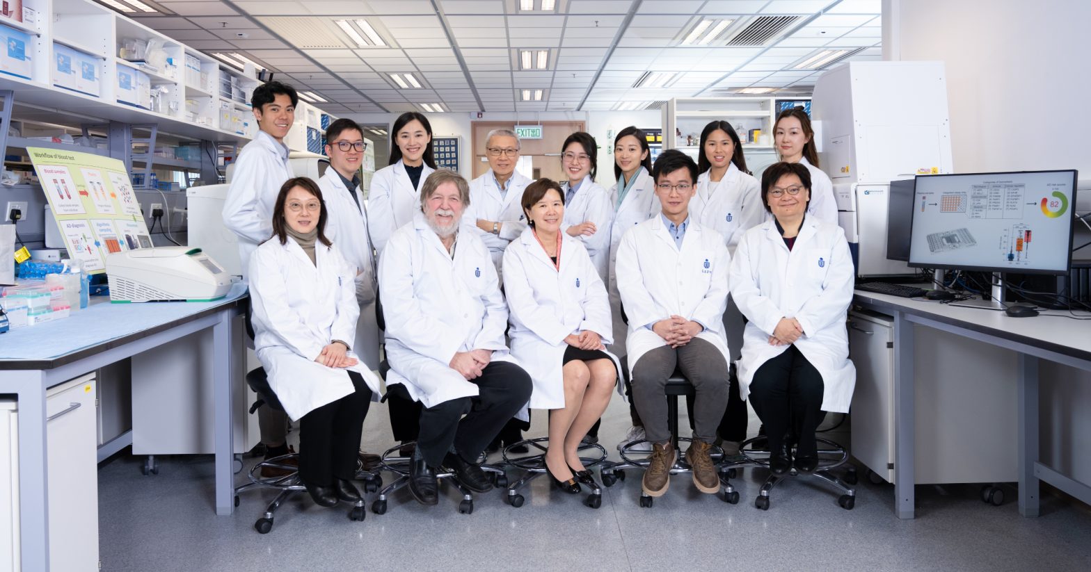 The photo of the research team, including HKUST President Prof. Nancy IP (center, front row), UCL Chair of the Molecular Biology of Neurological Disease Prof. John HARDY (second from left, front row), HKUST Division of Life Science Research Professor Prof. Amy FU (first from right, front row), HKCeND Chief Scientific Officer Dr. Fanny IP (first from left, front row), HKCeND Clinical Research Fellow Dr. MOK Kin-Ying (forth from left, back row), and the first author of the research paper Dr. Jason JIANG Yuanbing (second from right, front row) with other research team members